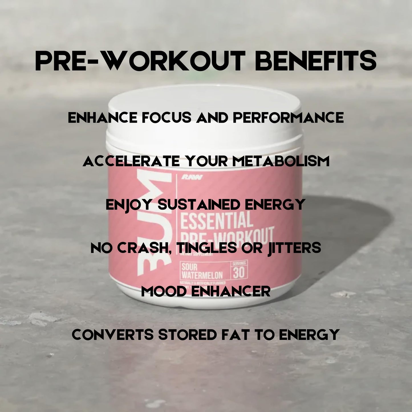 RAW Essential Pre-Workout Powder - CBUM Formula | Energy Drink for Men & Women, Muscle Pump, Focus, Stamina, Strength, Endurance & Performance Booster | Sour Watermelon Flavor, 1.79 lbs