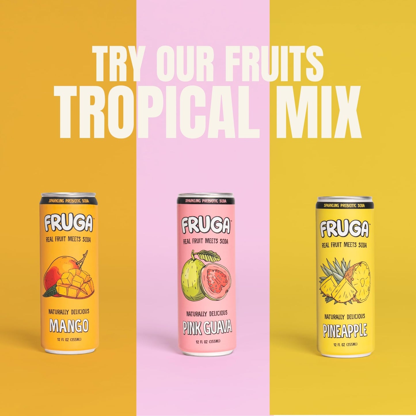 FRUGA Sparkling Prebiotic Super Soda Gut Health Low Calorie Low Sugar Healthy Soda Pop Plant Fiber Real Fruit Vitamin C B6 B9 Vitamins Juice Tropical Mix 12oz 12 Pack