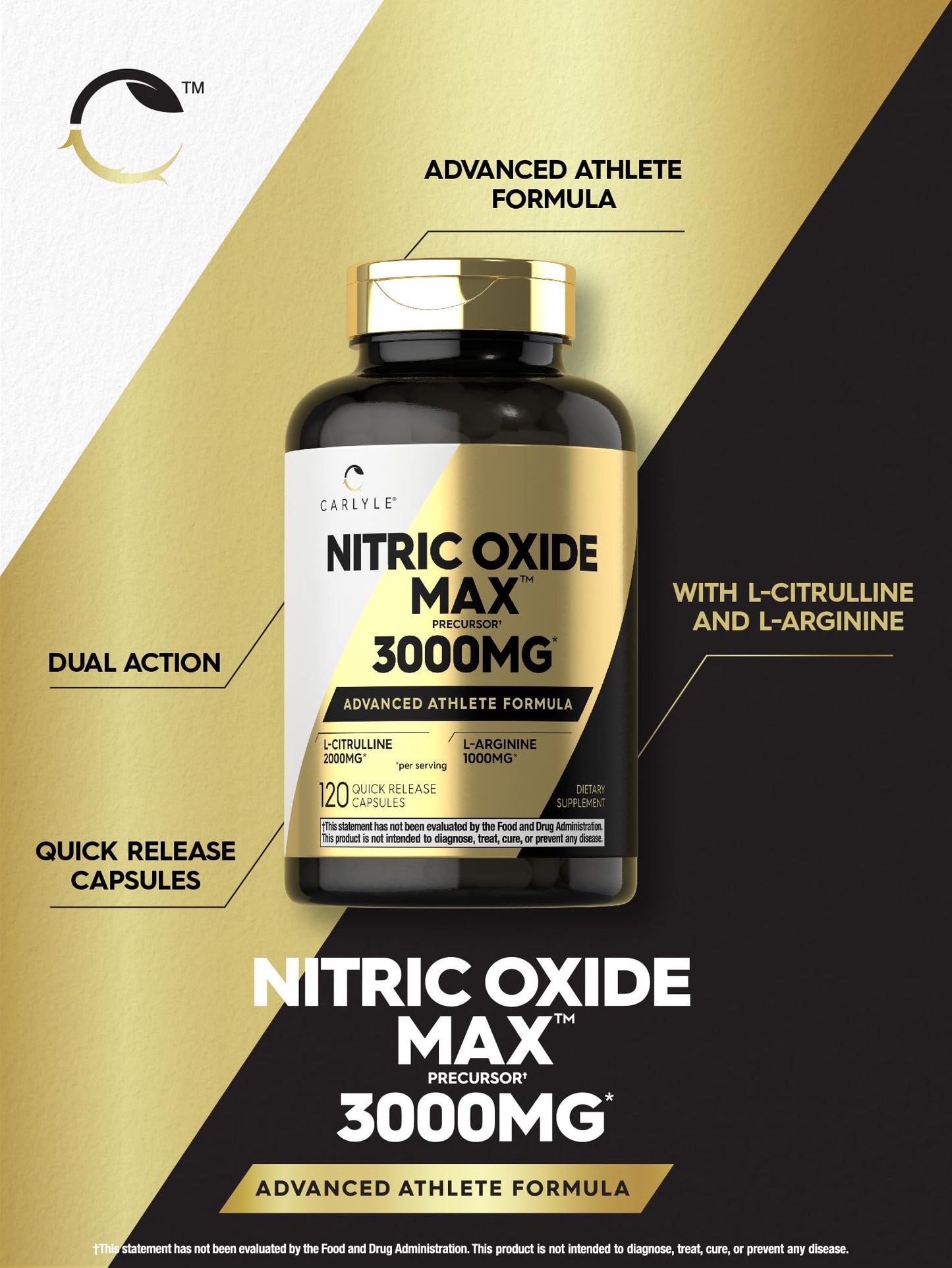Carlyle Nitric Oxide Supplement 3000mg | 120 Capsules | Pre Workout with L-Arginine & L-Citrulline | Non-GMO, Gluten Free