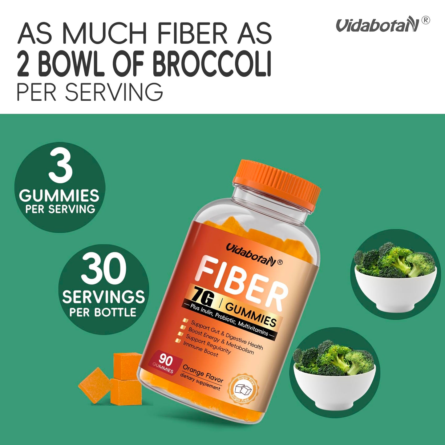 Sugar Free Prebiotic Fiber Gummies for Adult-7G Fiber-Fiber Supplement with Inulin, Probiotic, Vitamins for Digestive & Gut Health and Regularity Support, Orange Flavor, 180 Gummies(Pack of 2)