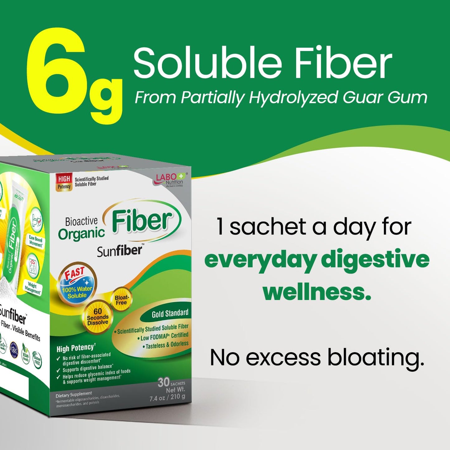 LABO Nutrition Bioactive Organic Fiber, Sunfiber Soluble Prebiotic Fiber Supplement, Support Healthy Digestive, Intestinal, Wellness with Partially Hydrolyzed Guar Gum, Low-FODMAP, Non-GMO, 30 Sachets