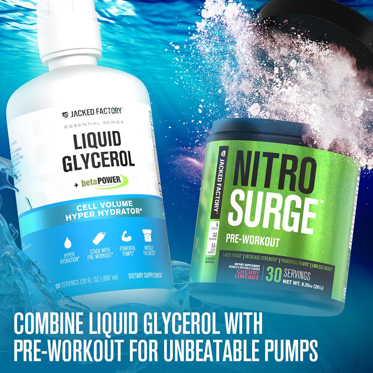 Jacked Factory Liquid Glycerol Cell Volume Hyper Hydrator - Pump Pre Workout with Vegan Glycerol, BetaPower, & Electrolytes for Hydration, Muscle Pumps, & Strength - 60 Servings, Unflavored