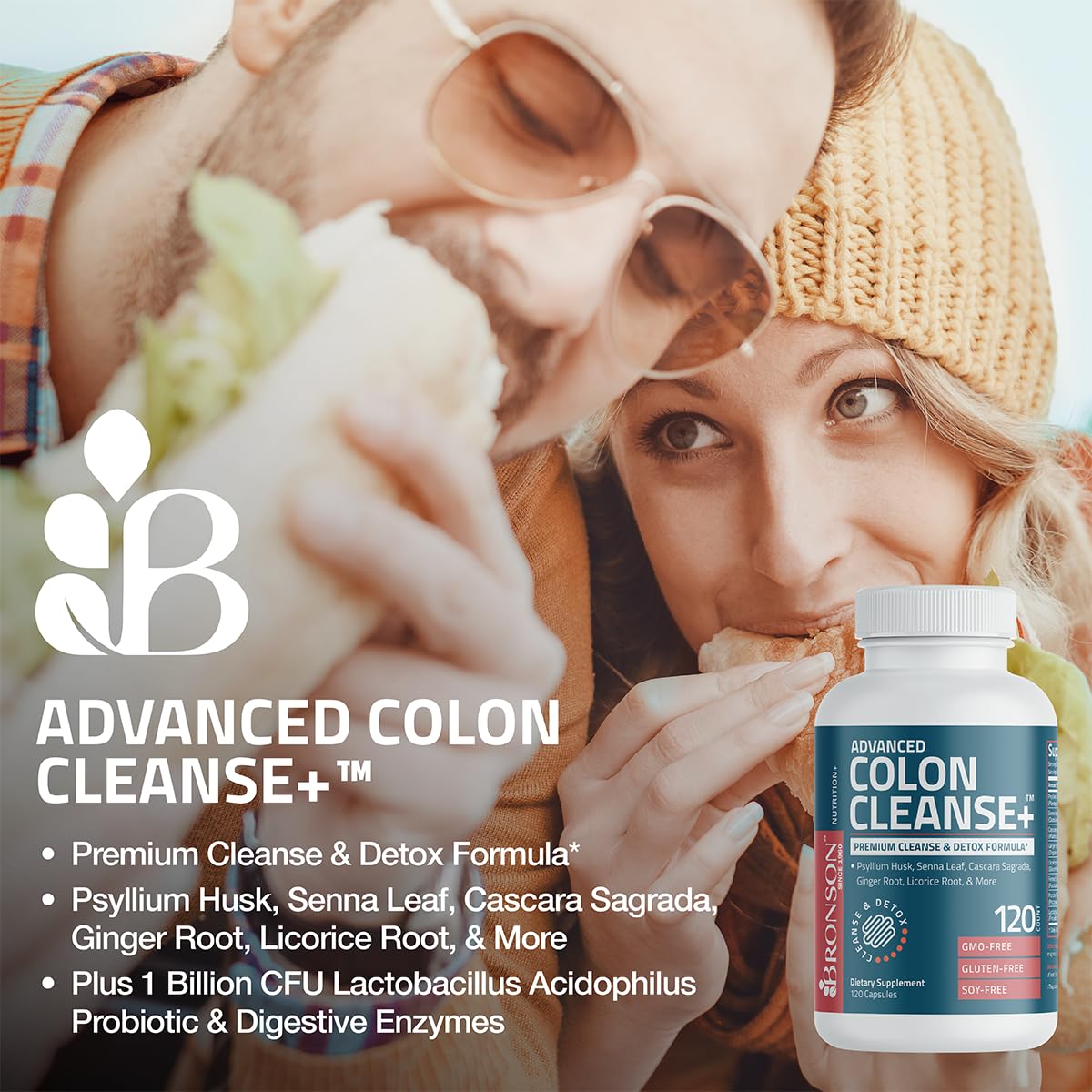 Bronson Advance Colon Cleanse Premium Cleanse & Detox Formula with Psyllium Husk, Senna Leaf, Cascara Sagrada, Ginger Root, Licorice Root & More, Non-GMO, 120 Capsules
