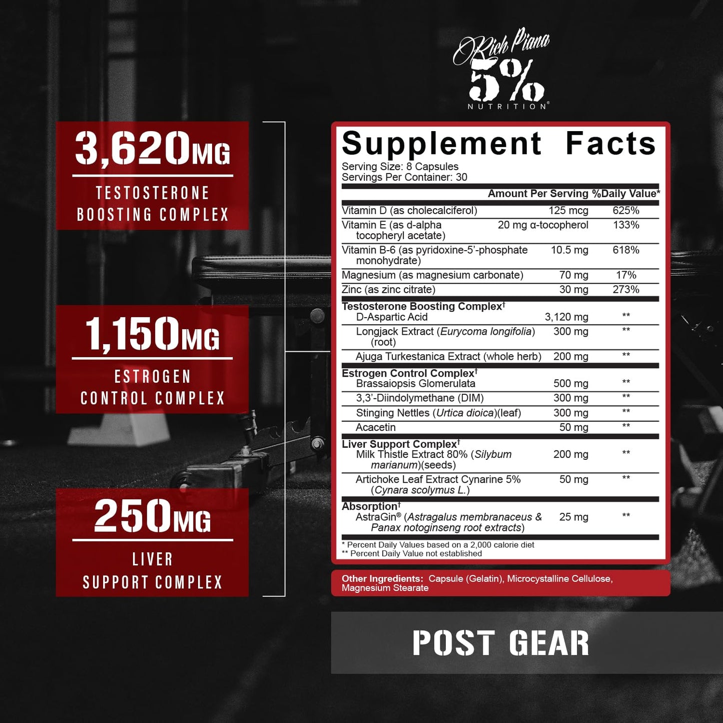 5% Nutrition Rich Piana Post Gear PCT Support Booster | Estrogen Blocker, Aromatase Inhibitor | Post Cycle Therapy Supplement | DAA, DIM, Longjack, Stinging Nettle, Milk Thistle, 240 Capsules