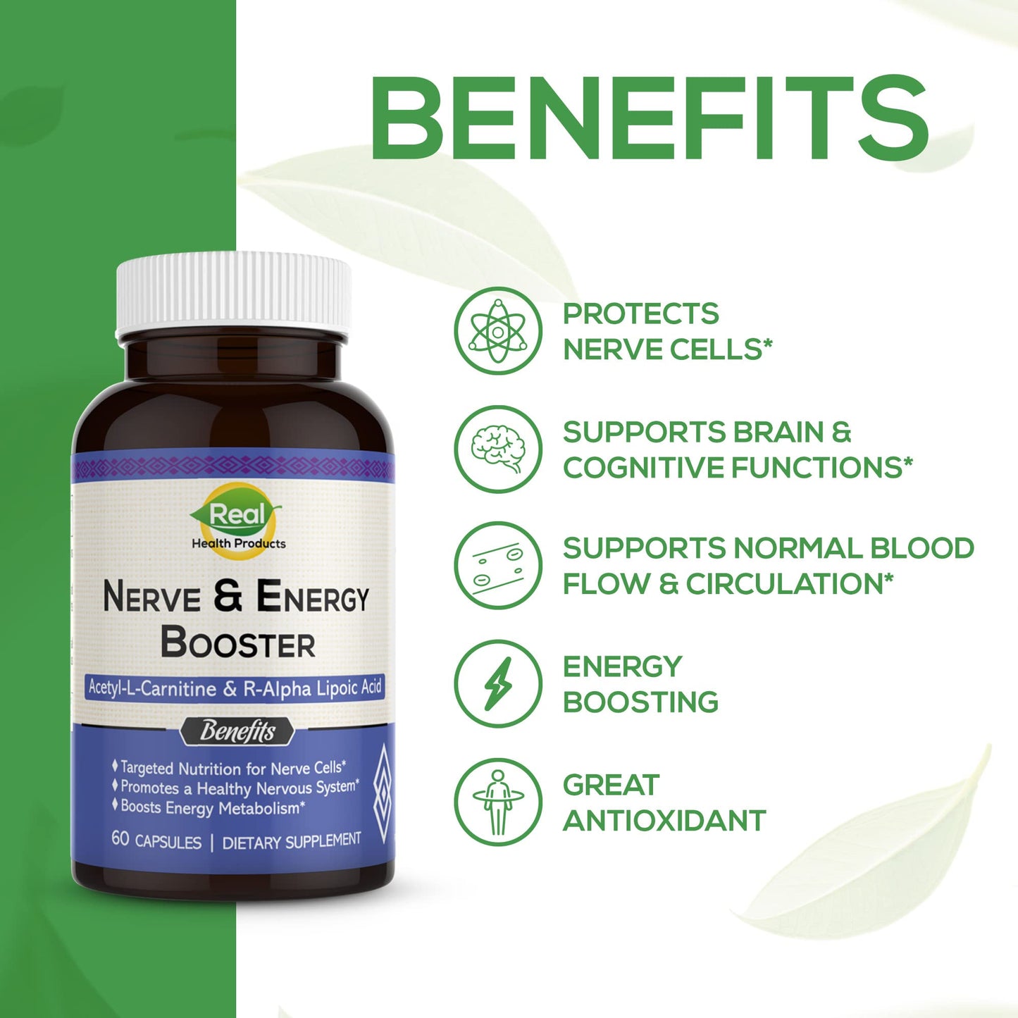Acetyl L-carnitine 1000mg & R-Alpha Lipoic Acid 300mg Capsules - Nerve & Energy Booster Ala Supplement & Carnitine Supplement - Cardiovascular, Cognitive Function & Antioxidant Support
