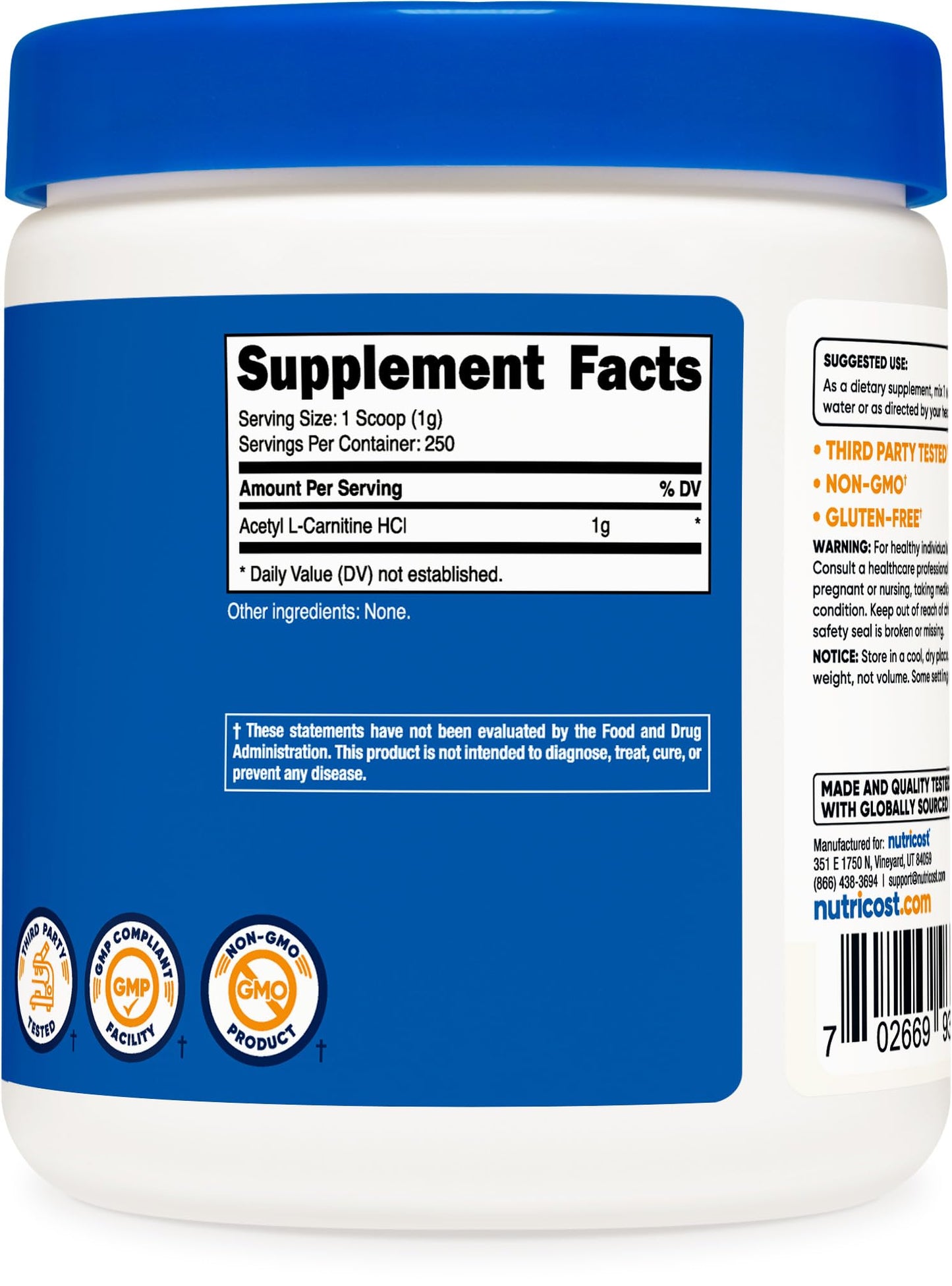 Nutricost Acetyl L-Carnitine (ALCAR) 250 Grams Powder - 1G Per Serving - 250 Servings