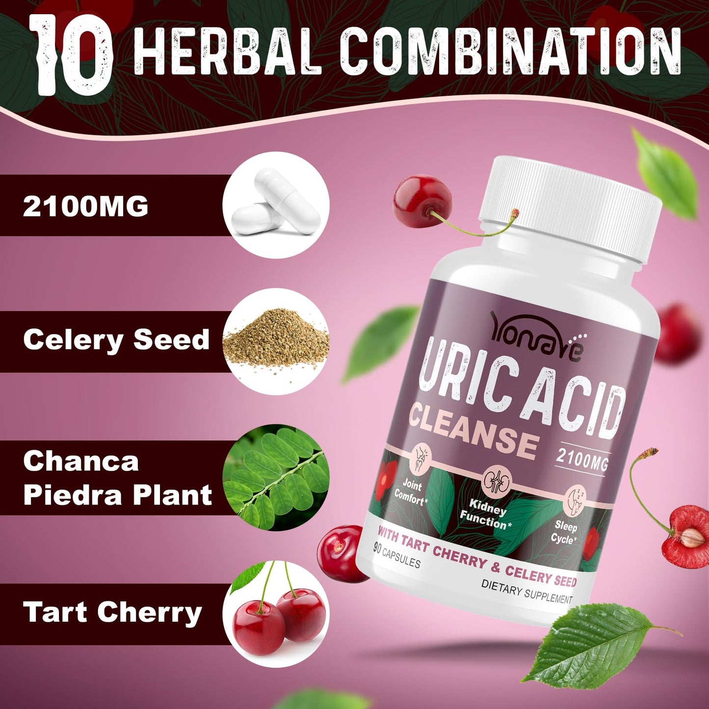 Yonrave Uric Acid Cleanse & Detox - Tart Cherry Capsules, Celery Seed Uric Acid Supplement -Joint, Kidney and Sleep - 90 Veggie Capsules（2 Bottle）