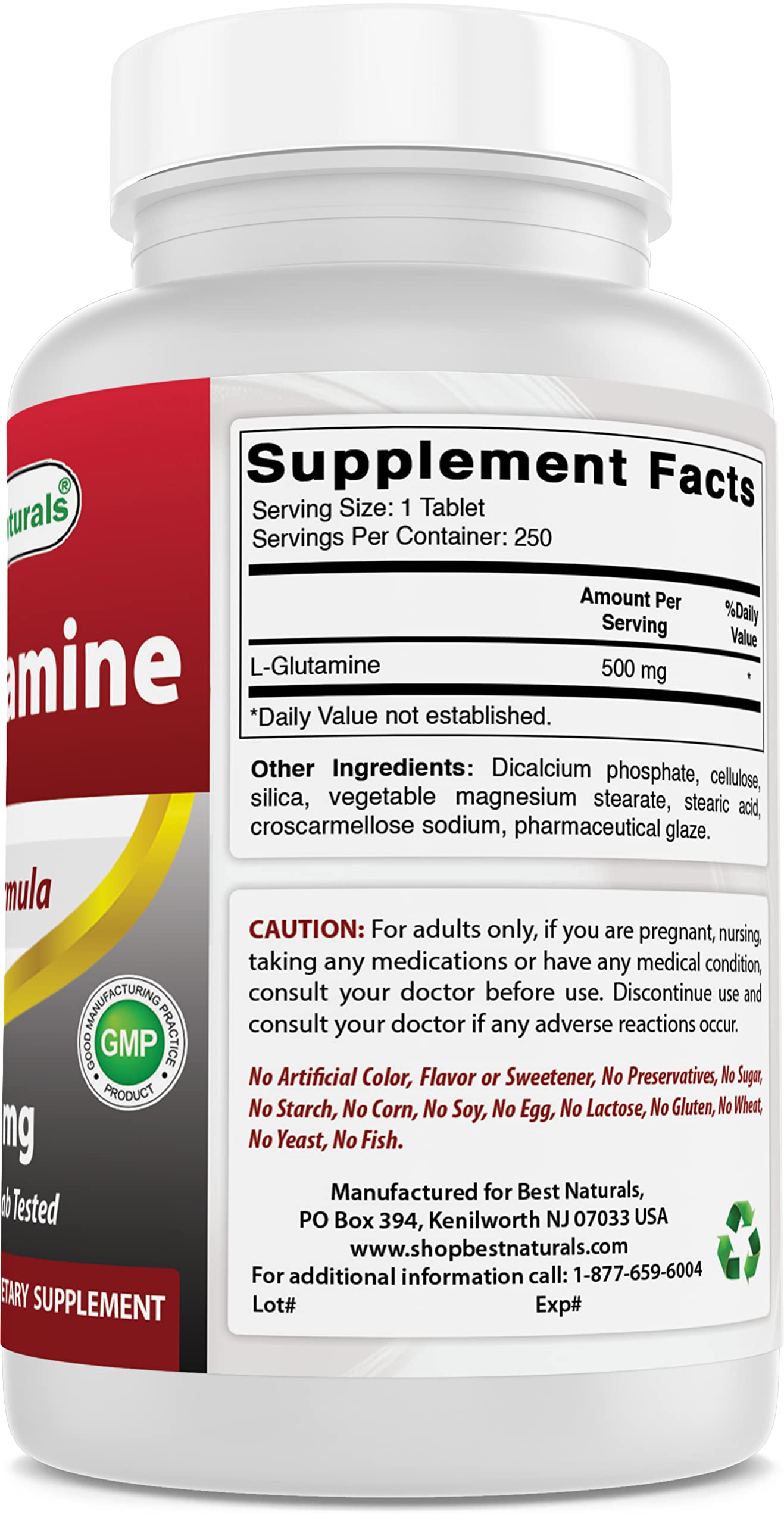 Best Naturals L-Glutamine 500mg, 250 Tablets (250 Count (Pack of 3))