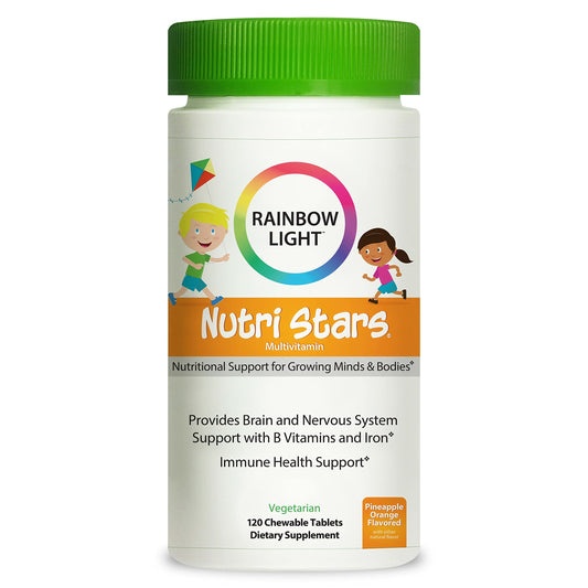 Rainbow Light Multivitamins for Kids, Vitamin B, Zinc & Iron, Prebiotics, Nutri Stars Provides Brain & Nervous System Support, Pineapple Orange, 120 Chewable Tablets
