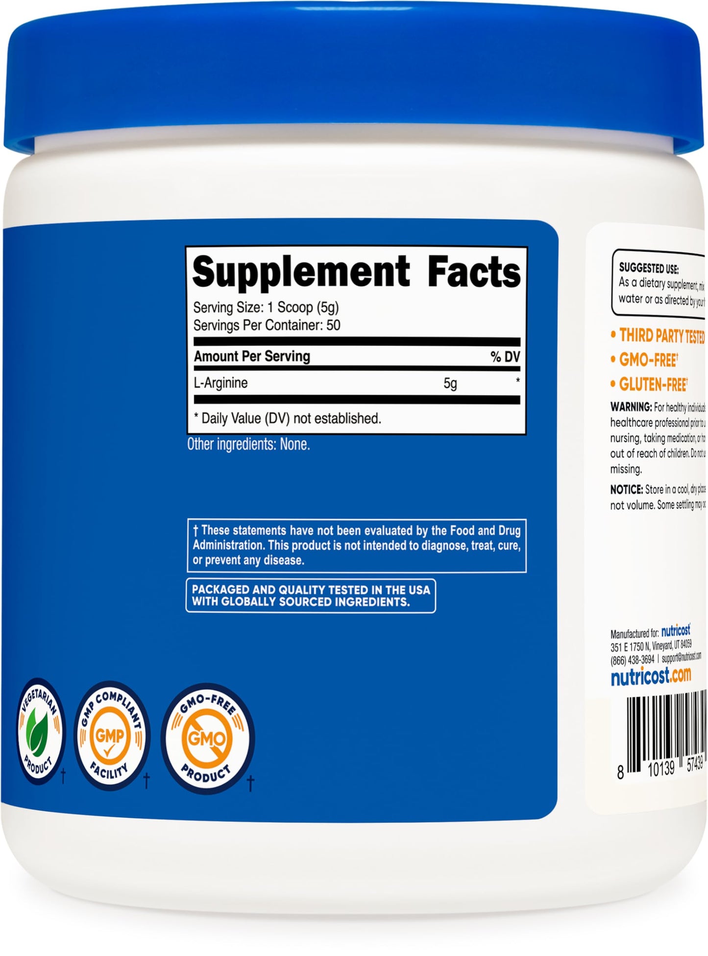 Nutricost L-Arginine (250 Grams) - Pure L-Arginine Powder - 5000mg Per Serving; 50 Servings
