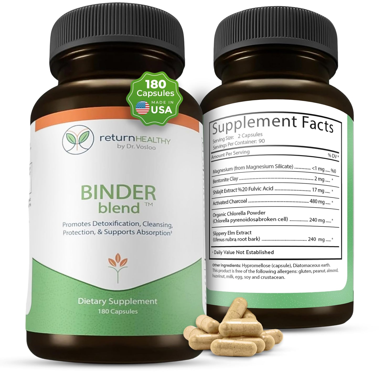 Binder Blend - Toxin Binder Supplement, Detox Capsules for a Healthy Gut - 180 Capsules - 90 Servings - 960mg Activated Charcoal & 480mg Organic Chlorella - Bloating Relief - Bentonite Clay