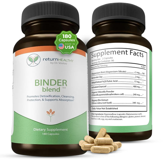 Binder Blend - Toxin Binder Supplement, Detox Capsules for a Healthy Gut - 180 Capsules - 90 Servings - 960mg Activated Charcoal & 480mg Organic Chlorella - Bloating Relief - Bentonite Clay