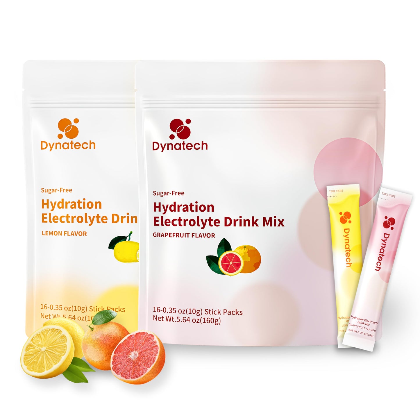 Dynatech Zero Sugar Electrolyte Drink Mix - Lemon，Grapefruit - Hydration Powder Packets with 10 Electrolytes & Vitamins | Non-GMO, Gluten Free, Vegan Electrolytes Powder Packets | 32 Servings