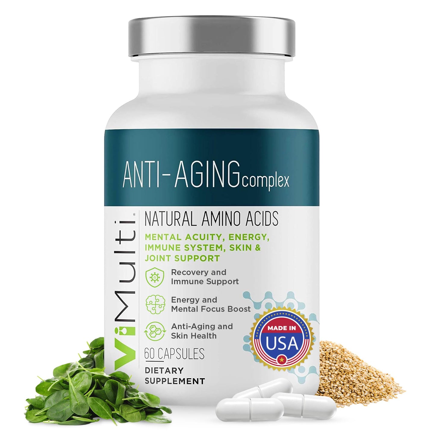 vimulti Anti-Aging Natural Amino Acid Supplement for Longevity - Supports Immune Health, Increased Energy, Smoother Skin Tone and Restorative Sleep - 60 Capsules