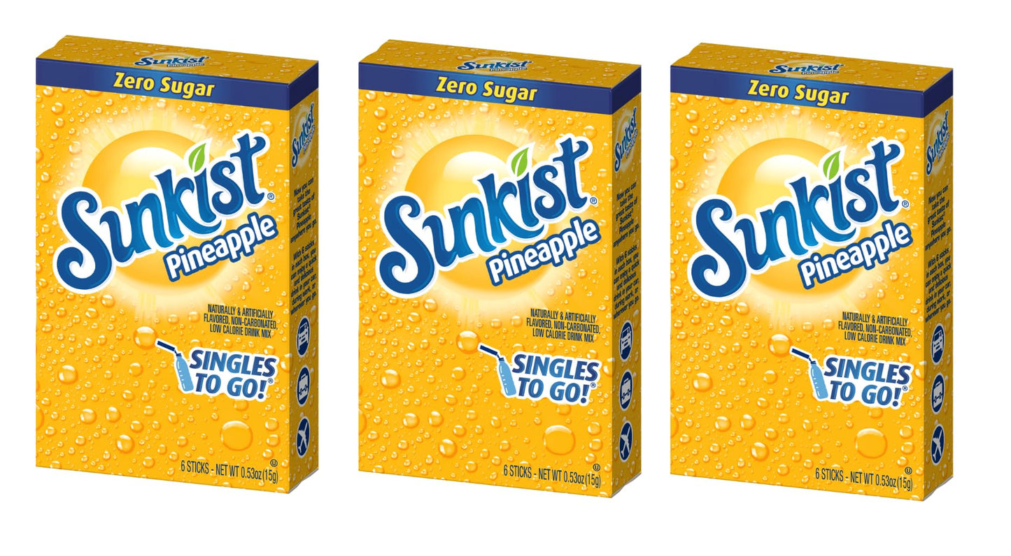 Sunkist Singles To Go Drink Mix Pineapple 3 Boxes with 6 Packets Each 18Total Servings