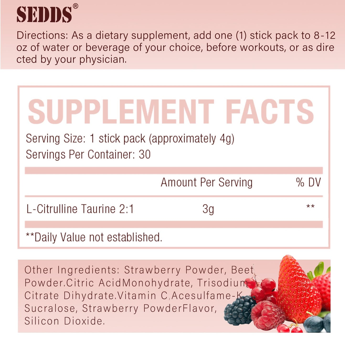 SEDDS L-Citrulline Taurine 2:1, Strawberry-Flavored L Citrulline Powder Citrulline Supplements, Vegan Taurine Powder, Caffeine Free, Gluten Free, 30 Pack