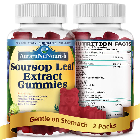 (2 Pack) Sugar Free Soursop Gummies with Probiotics & Fiber 100 Billion CFUs, Organic Soursop Leave Extract with Vitamin C B-Complex for Digestive Gut Health, Energy Balance, Immune Boost