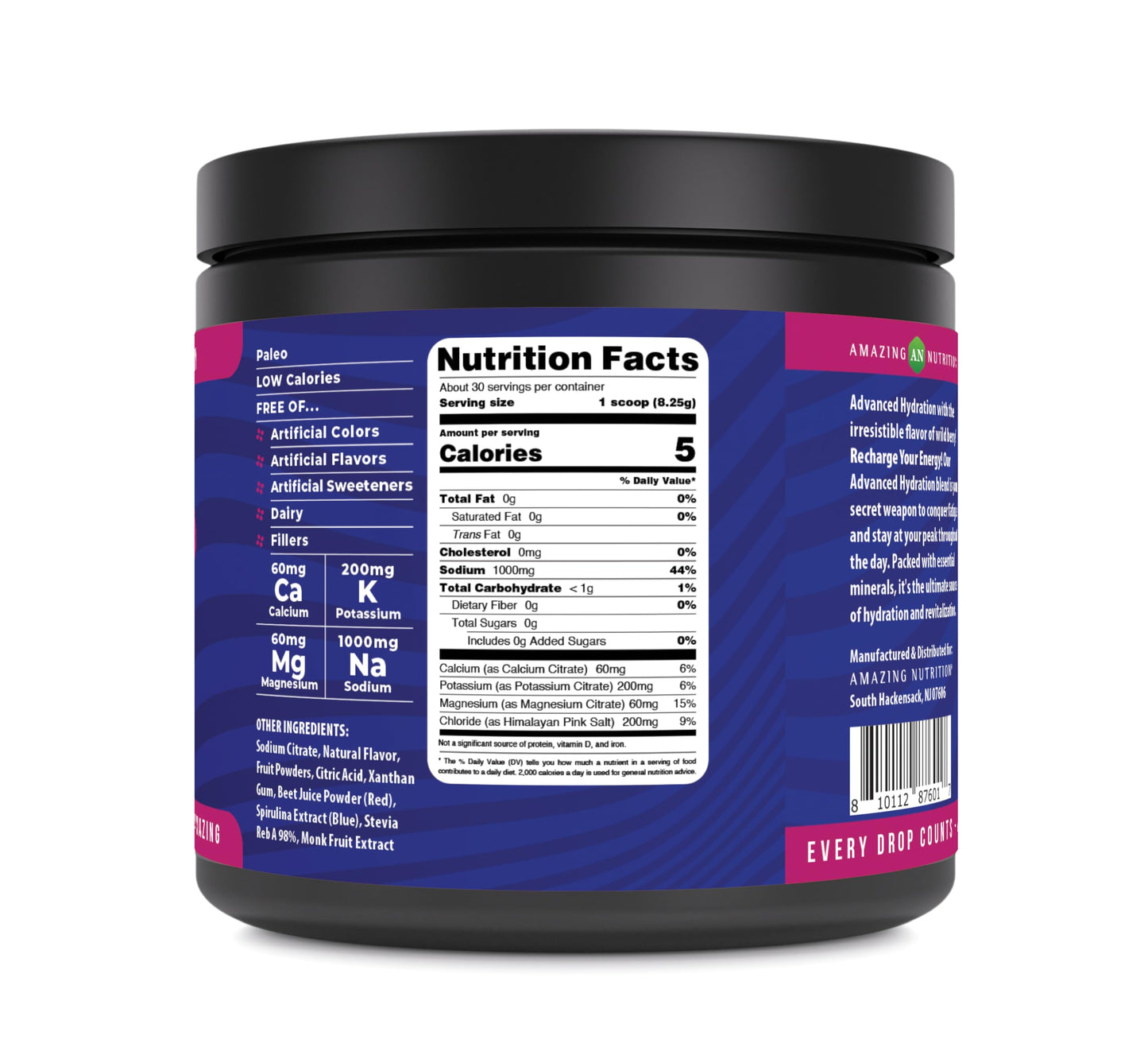 Amazing Nutrition Advanced Hydration, Electrolyte Powder 30 Servings | Packed with Essential Minerals | Sugar-Free | Keto Friendly | Non-GMO | Gluten-Free (Natural Wild Berry)
