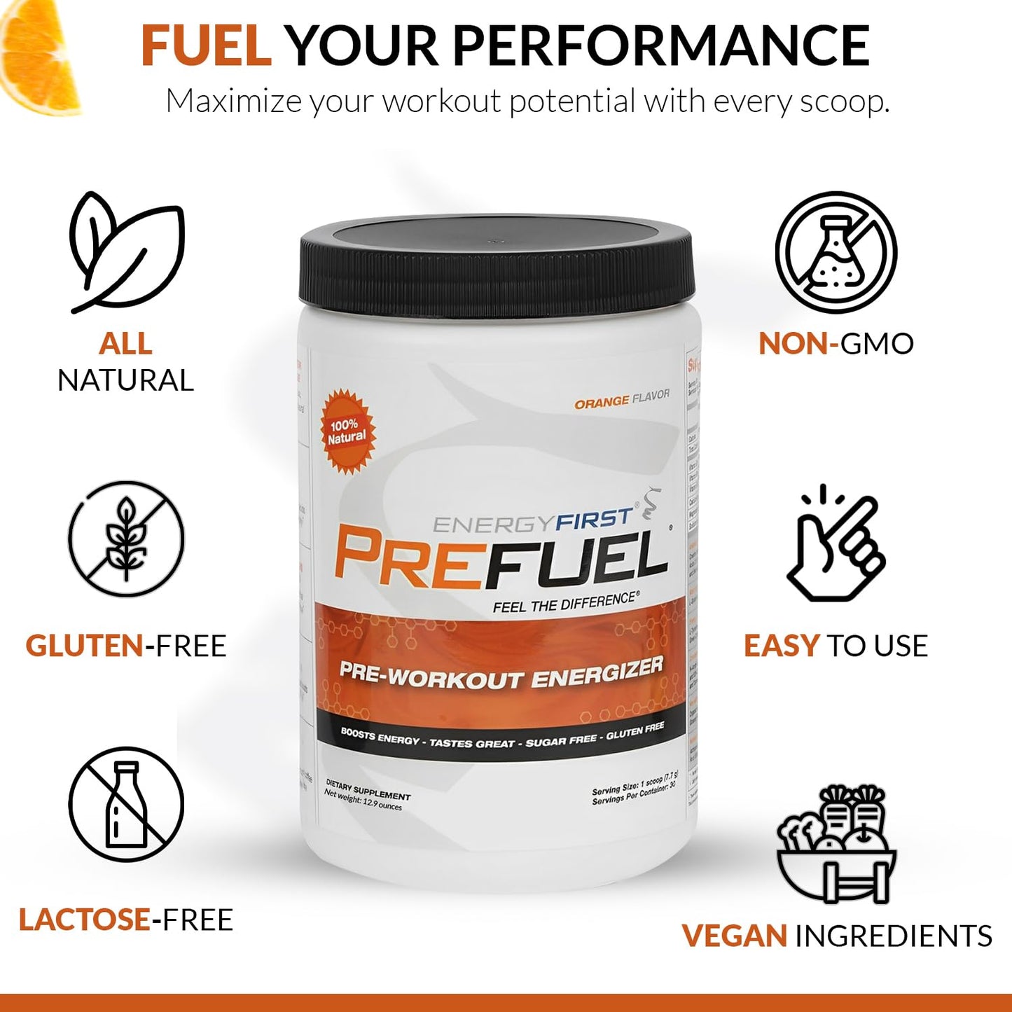 EnergyFirst Prefuel Vegan Pre-Workout Powder, Zero Sugar, All-Natural Energizer with Immune Support Orange Flavor, 30 Servings for Maximum Workout Performance