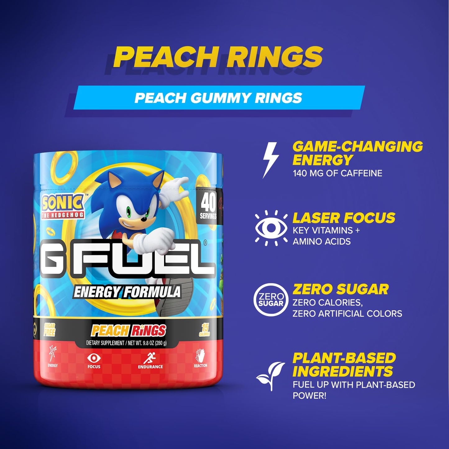 G Fuel Sonic Energy Drink Powder, Pre Workout Caffeine Mix for Gaming, Sugar Free Focus Amino, Vitamin + Antioxidants, 9.8oz (Peach Ring Candy, 40 Servings)