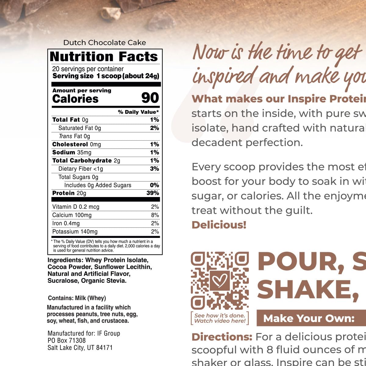 Bariatric Eating Inspire 20g Whey Protein Isolate Powder - Dutch Chocolate Cake (20 Servings)