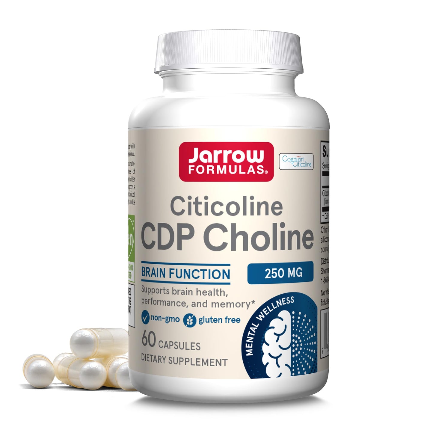 Jarrow Formulas Citicoline CDP Choline 250 MG, CDP Choline Supplement Supports Brain Health, Performance and Memory, 60 Capsules, Up to a 60 Day Supply