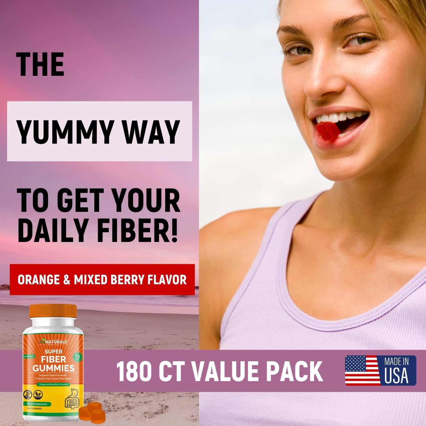 MINATURALS Prebiotic Fiber Supplement Gummies | Value Pack - 180 ct | 5 g per Gummy | Plant Based Digestive Gut Cleansing | Orange & Mixed Berry