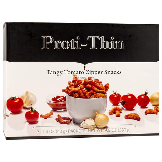 Proti-Thin High Protein Tangy Tomato Zipper Snacks, Crunchy Bites for Healthy Diet,15g Protein, Low Calorie, Low Fat, Low Sugar, Gluten-Free, 1 Pack of 7 Servings