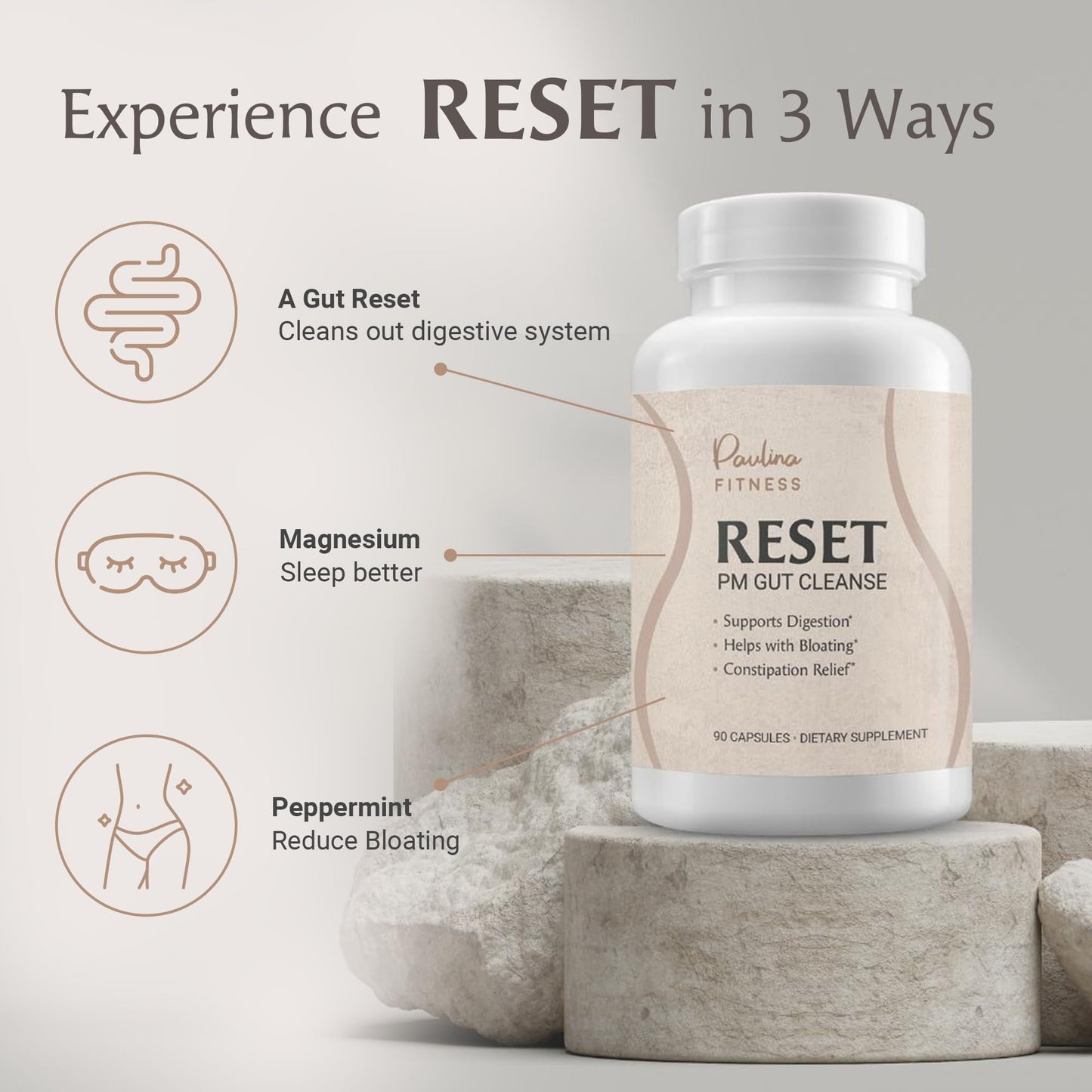 Paulina FITNESS Reset Overnight Digestive Aid, Bloating Relief, & Gut Health Supplement | Natural Detox & Digestive Cleanse to Support Weight Management and Relieve Constipation | 90 Capsules
