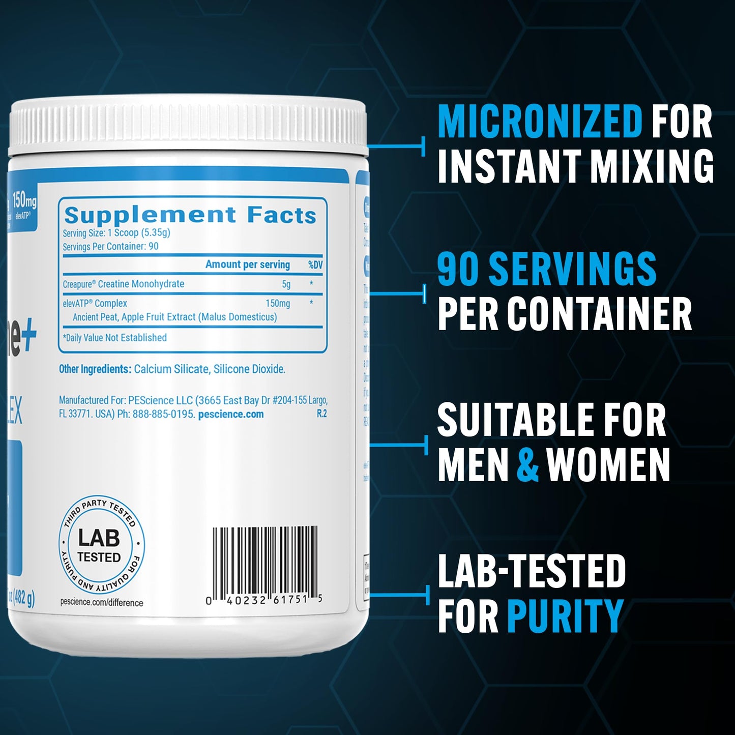 PEScience TruCreatine+ Creapure Creatine Monohydrate Powder, Micronized Creatine with ElevATP, 5g Per Serving, for Men & Women, Supports Muscle Growth, Strength & Recovery, 90 Servings