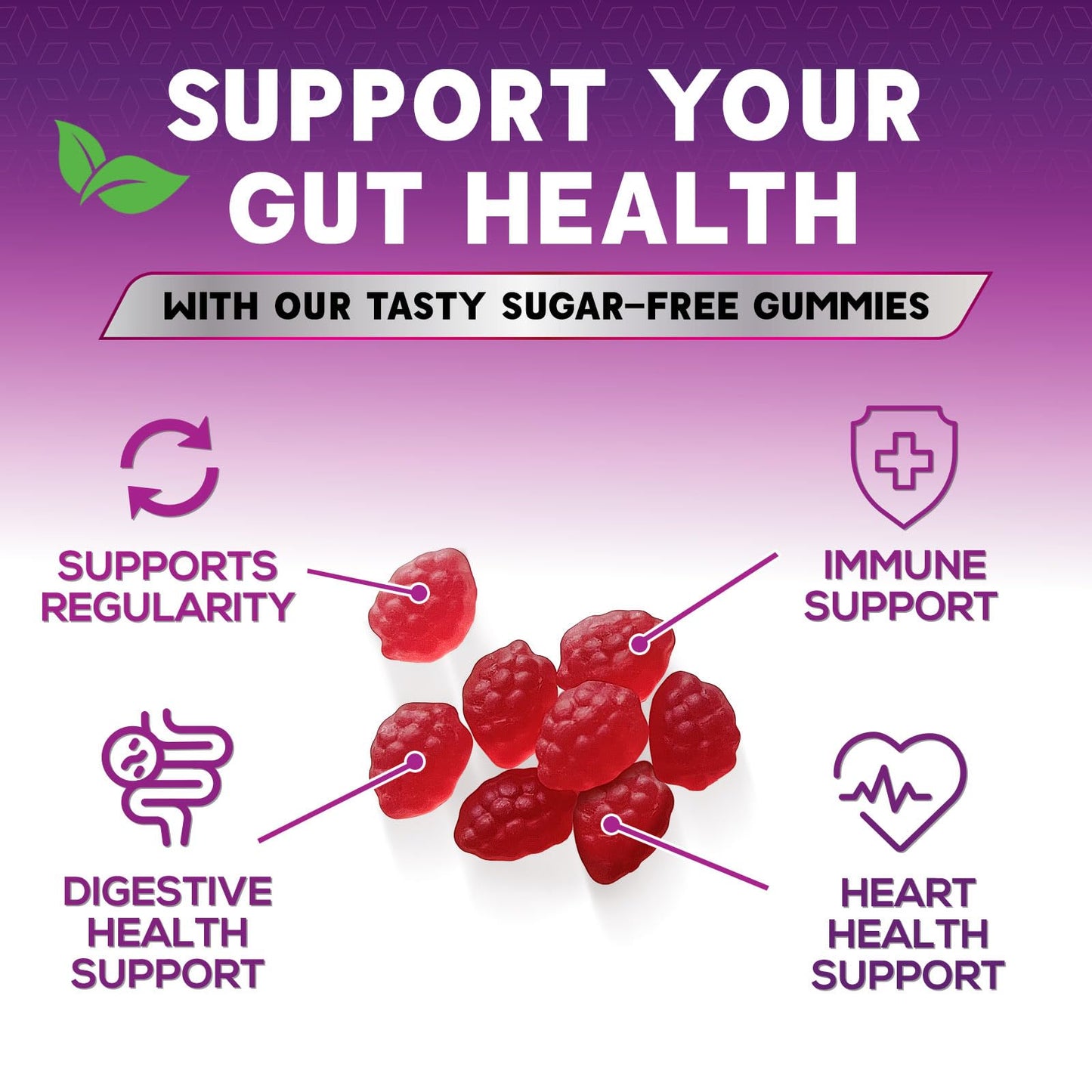 Sugar Free Fiber Gummies for Adults, 4G Daily Prebiotic Natural Soluble Fiber Supplement & Digestive Health Support - Regularity & Digestion Health Support, Plant Based Berry Flavor - 60 Gummies