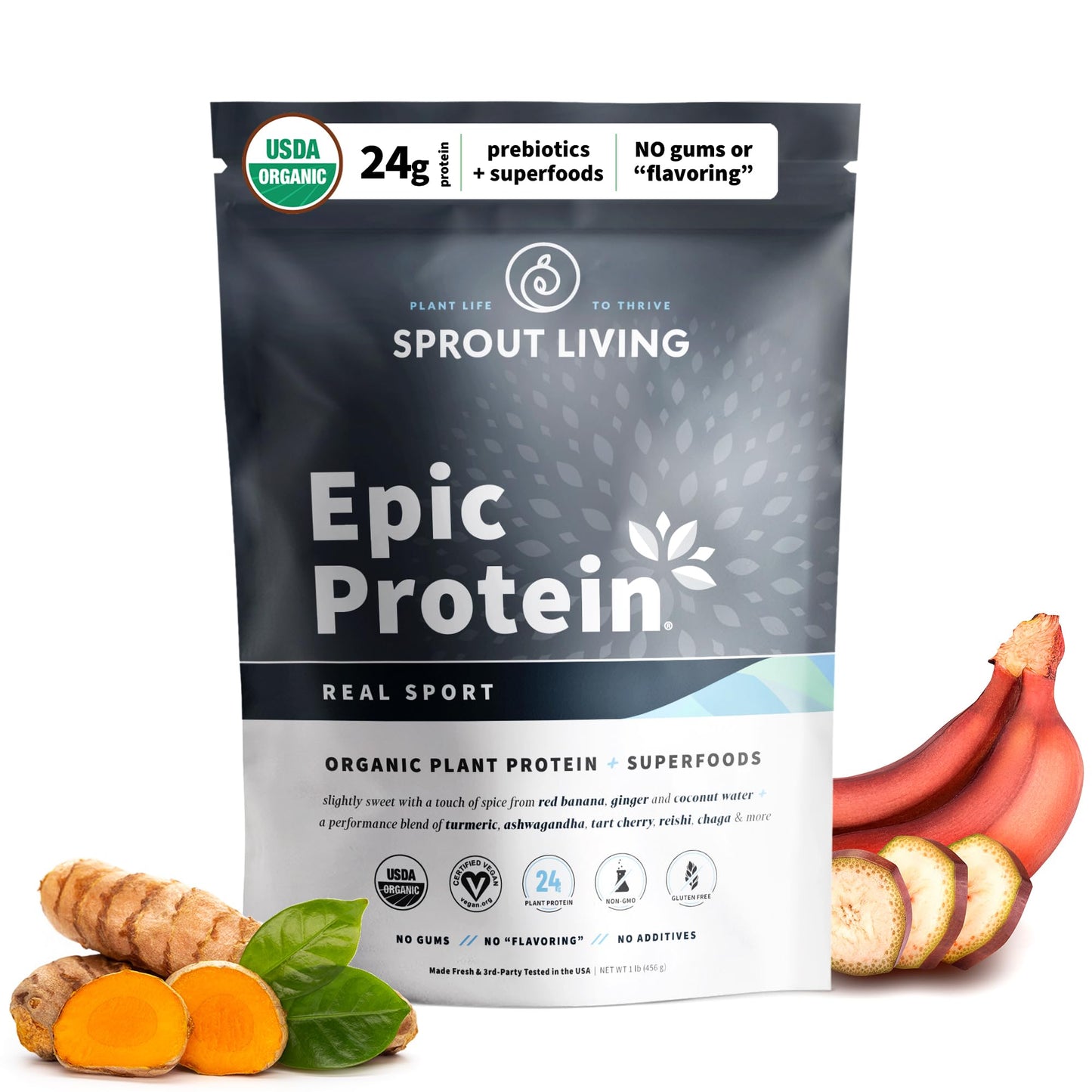 Sprout Living, Epic Protein, Plant Based Protein & Superfoods Powder, Real Sport | 24 Grams Organic Protein Powder, Recovery, Vegan, Non Dairy, Non-GMO, Gluten Free, Low Sugar (1 Pound, 12 Servings)