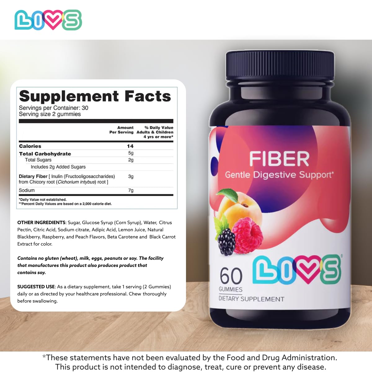 LIVS Fiber Gummy Vitamin - Fiber Gummies, for Adults, Gut Health, Digestive Support, Supplements, All-Natural, Gluten-Free, Non-GMO - Raspberry, Peach & BlackBerry Flavored, 60 Count