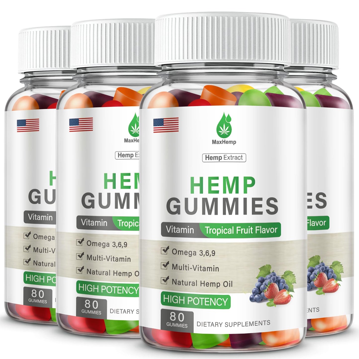 4 Pack Organic Hemp Gummies Extra Strengthen High Potency with Pure Hemp Oil Extract Vegan Edible Bear Candy