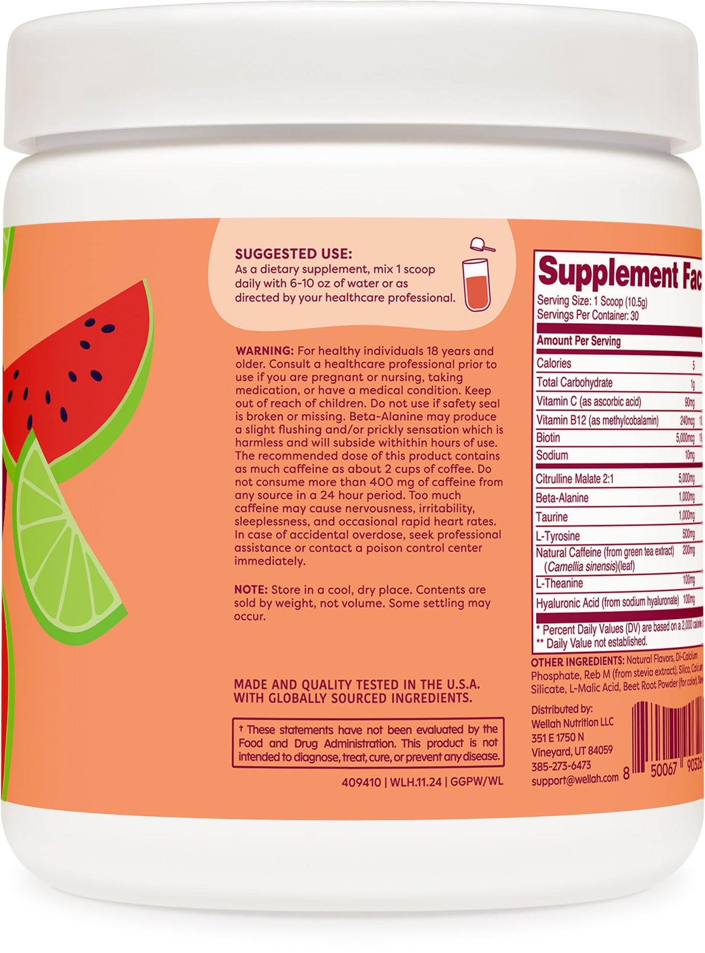 Wellah Get-Going Pre-Workout Drink Mix (Watermelon Lime Flavored, 30 Servings)