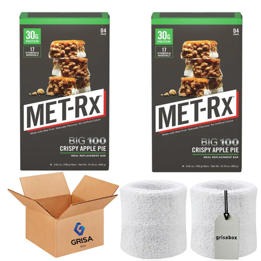 Meal Replacement Bars ~ MET RX ~ Big 100 Colossal Protein Bars ~ Crispy Apple Pie ~ 3.52 oz. ea, (8 bars Total) meal replacement (2 Boxes) Bundled With 2 White Sweat WristBands +GrisaBox (2 Count (Pack of 4), Crispy Apple Pie)