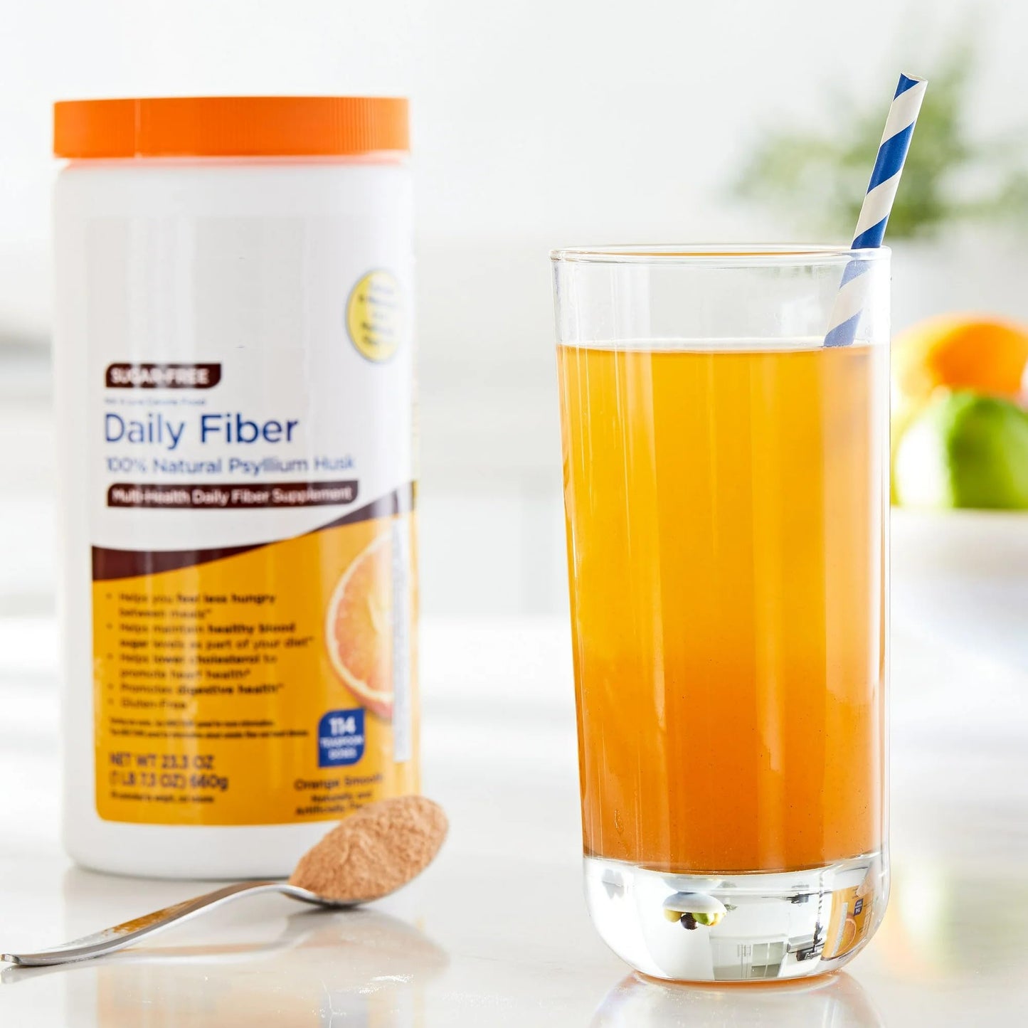 Daily Fiber Psyllium Husk Powder 23.3oz - 114 Teaspoon Doses, Sugar-Free Orange Flavor, Organic Soluble Fiber for Support Health Digestive. (Pack of 1)