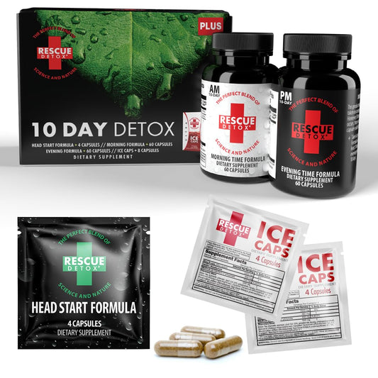 Rescue Detox 10 Day Permanent Detox Kit - 132ct Capsules | Comprehensive Full Body Cleanse with Bonus Instant ICE Caps