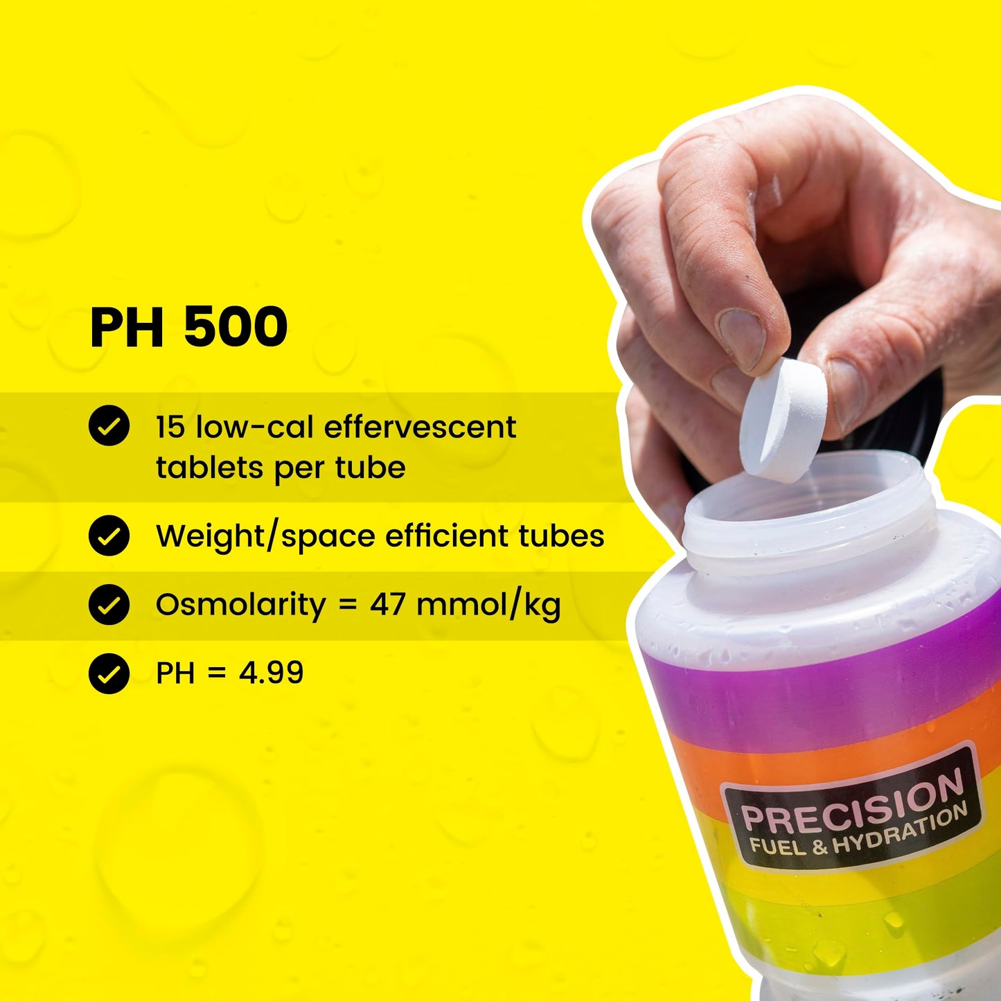 Precision Hydration Electrolyte Tablets - Multi Strength Effervescent Hydration Tablets - Combats Cramp - Low Calorie, Gluten Free, Vegan Friendly (12 Tubes, 500mg/L - Yellow Tube)