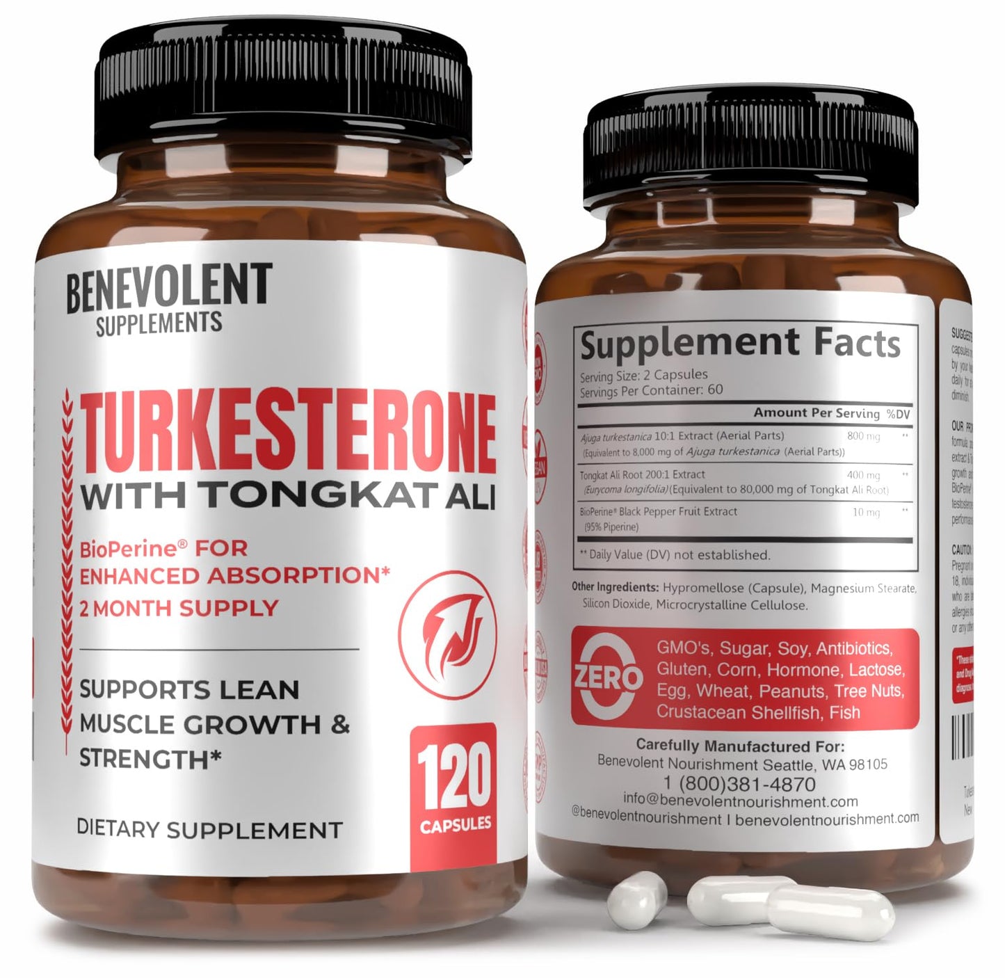 Turkesterone 8,000mg [Highest Purity] + BioPerine® for High Absorption Supplement with Tongkat Ali - Increase Stamina, Lean Muscle Growth & Recovery, Boosts Drive 3rd Party Tested 2 Months Supply