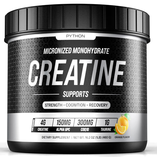 Python Creatine Monohydrate Gummies 5800mg per Serving - Taurine, Alpha GPC, CoQ 10, Magnesium Electrolytes & Vitamins - Faster Muscle Growth, Recovery - Gluten-Free, Vegan (Natural Orange, 120 Count)