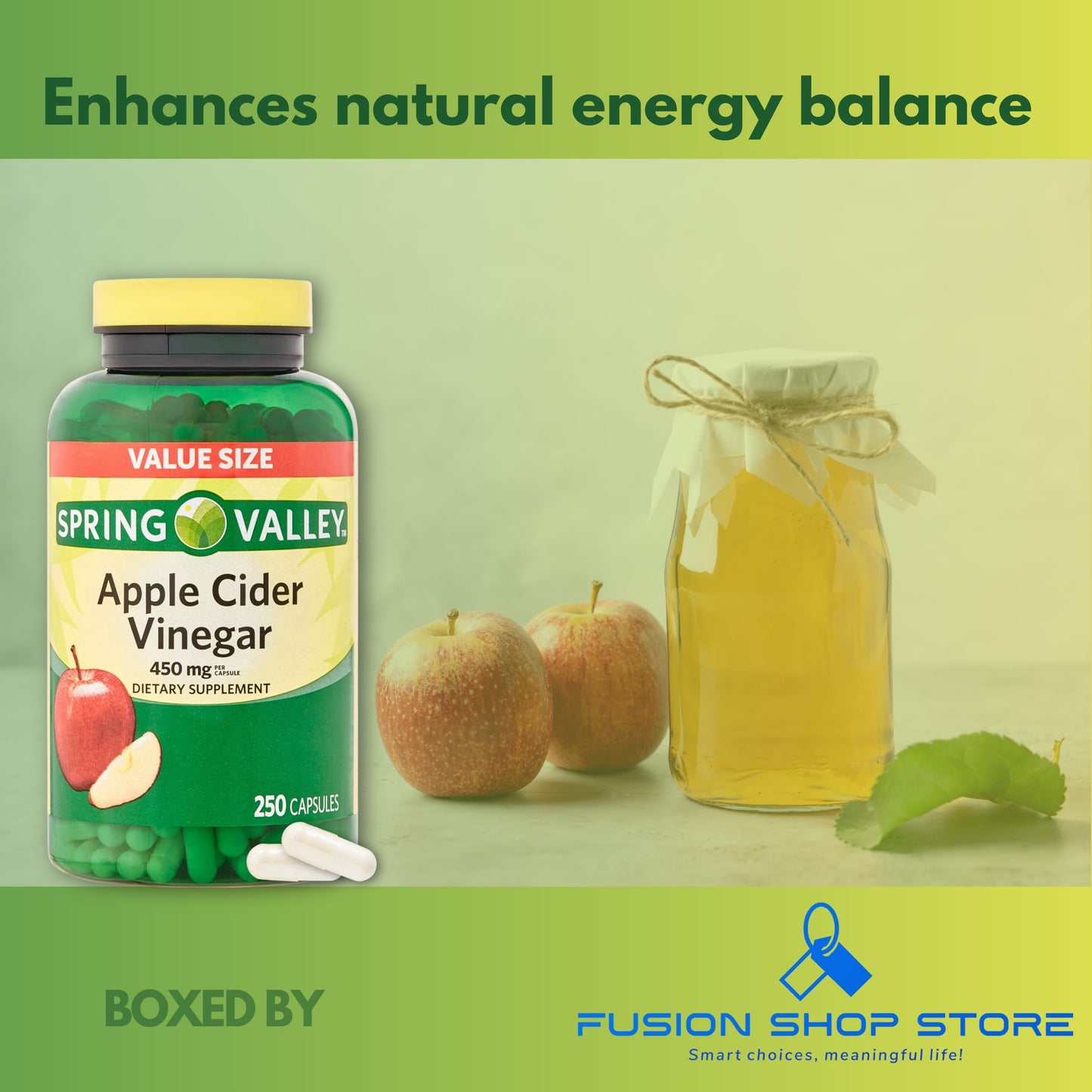Spring Valley Apple Cider Vinegar Capsuless- 450 mg 250 Ct Improves Digestion Energy and Immunity (Pack of 1), Boxed by Fusion Shop Store