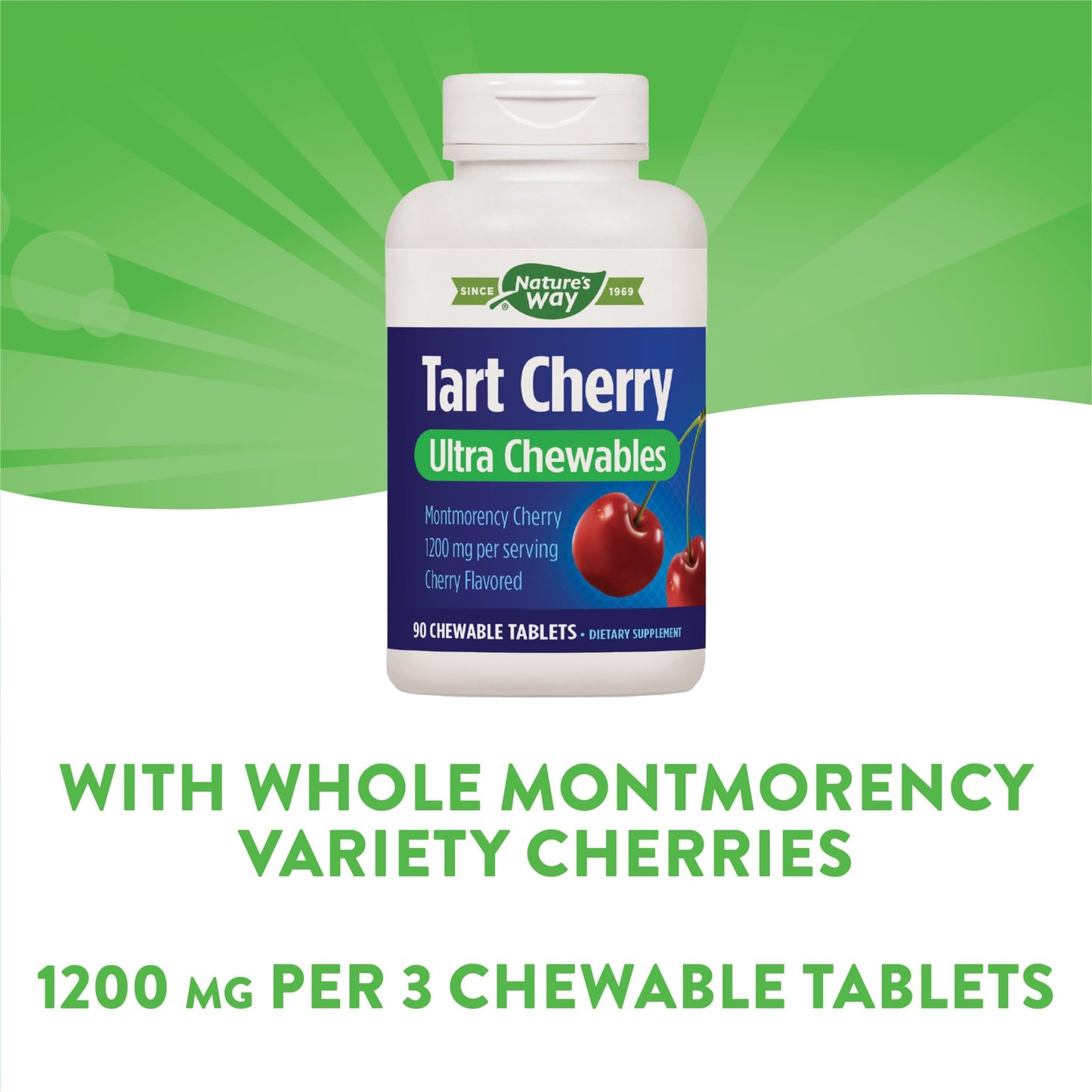 Nature's Way Tart Cherry Ultra Chewables, Supports Antioxidant Pathways* with Anthocyanins, 1,200 mg Potency per 3-tablet Serving, Cherry Flavored, Gluten Free, Vegan, 90 Count (Packaging May Vary)