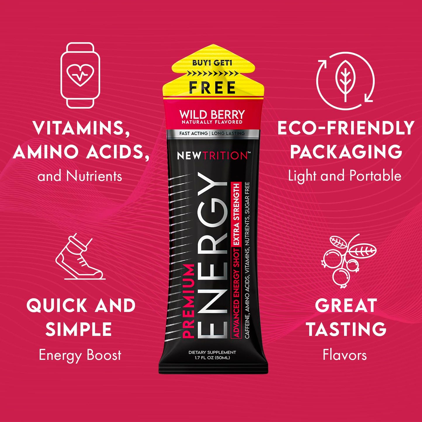 NewTrition Extra Strength Energy Shots, with Caffeine, Vitamin B & Amino Acids, Sugar-Free Vitamin Energy Shot, 1.7 fl oz, Wild Berry, 24 Count