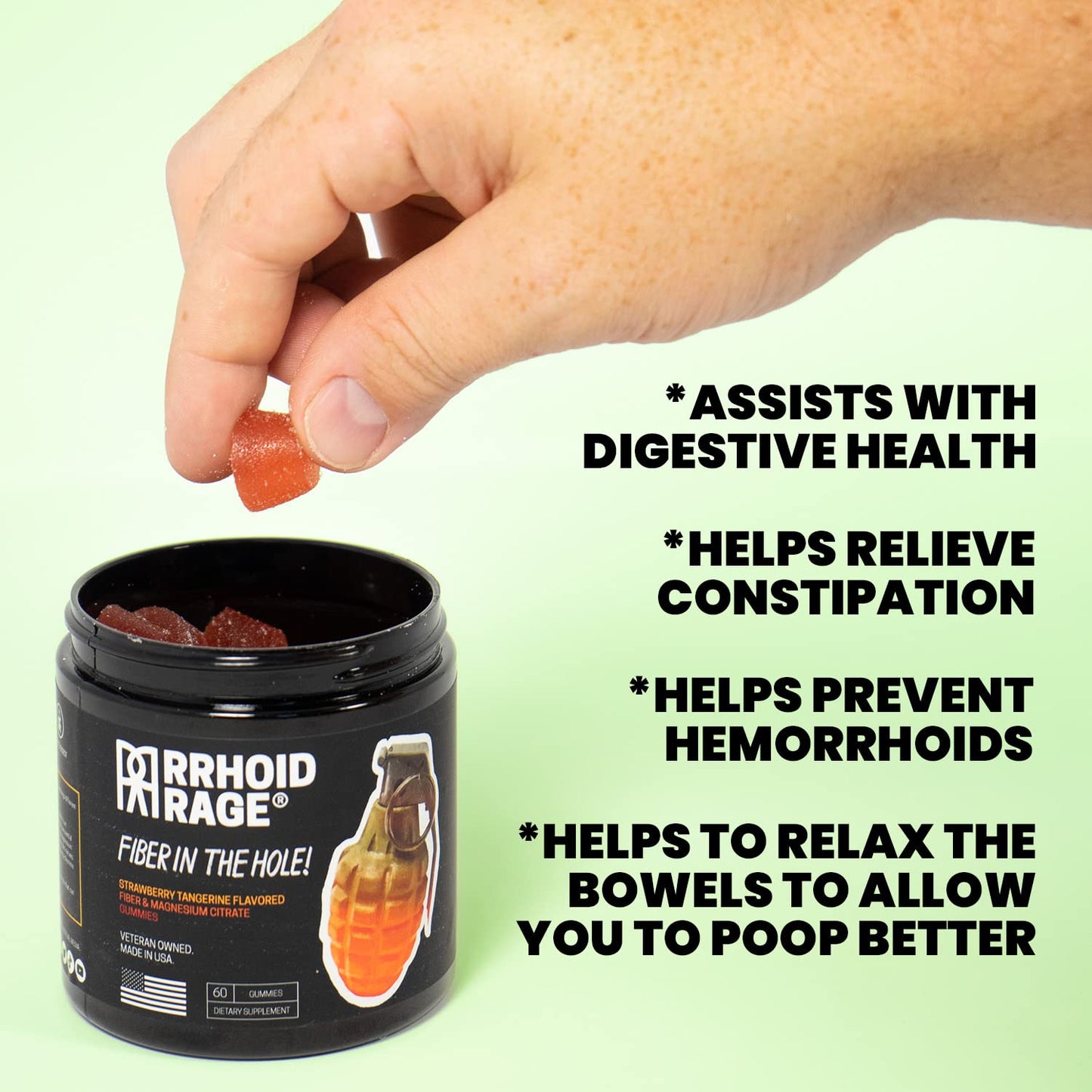 Rrhoid Rage - Fiber and Magnesium Gummies, Made in USA, Supports Digestive Health, Relieves Constipation, Helps Prevent Hemorrhoids, Has Both Soluble and Insoluble Fiber, 60 ct (1)