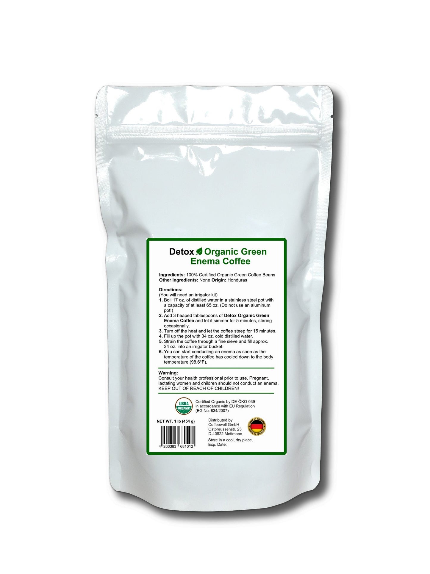Detox Organic Green Enema Coffee (1 Pound) - Germany's No.1 for Therapy (Gerson), Weight Loss, Detox and Cleansing - GMP certified, Lab tested, Mold Free