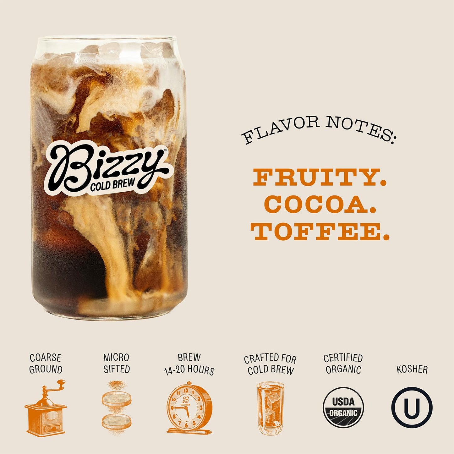 Bizzy Organic Cold Brew Coffee  Breakfast Blend  Coarse Ground Coffee  MediumLight Roast  Micro Sifted  Specialty Grade  100 Arabica  2 LB