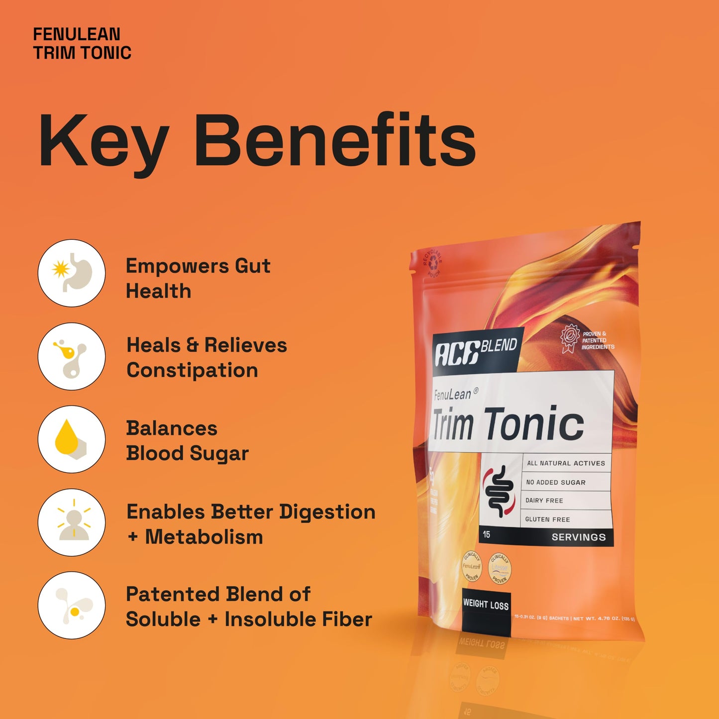 Ace Blend Trim Tonic | 15 Serves | Daily Fiber | Psyllium-Free | Gut Health | Soluble+Insoluble 15 Sachets