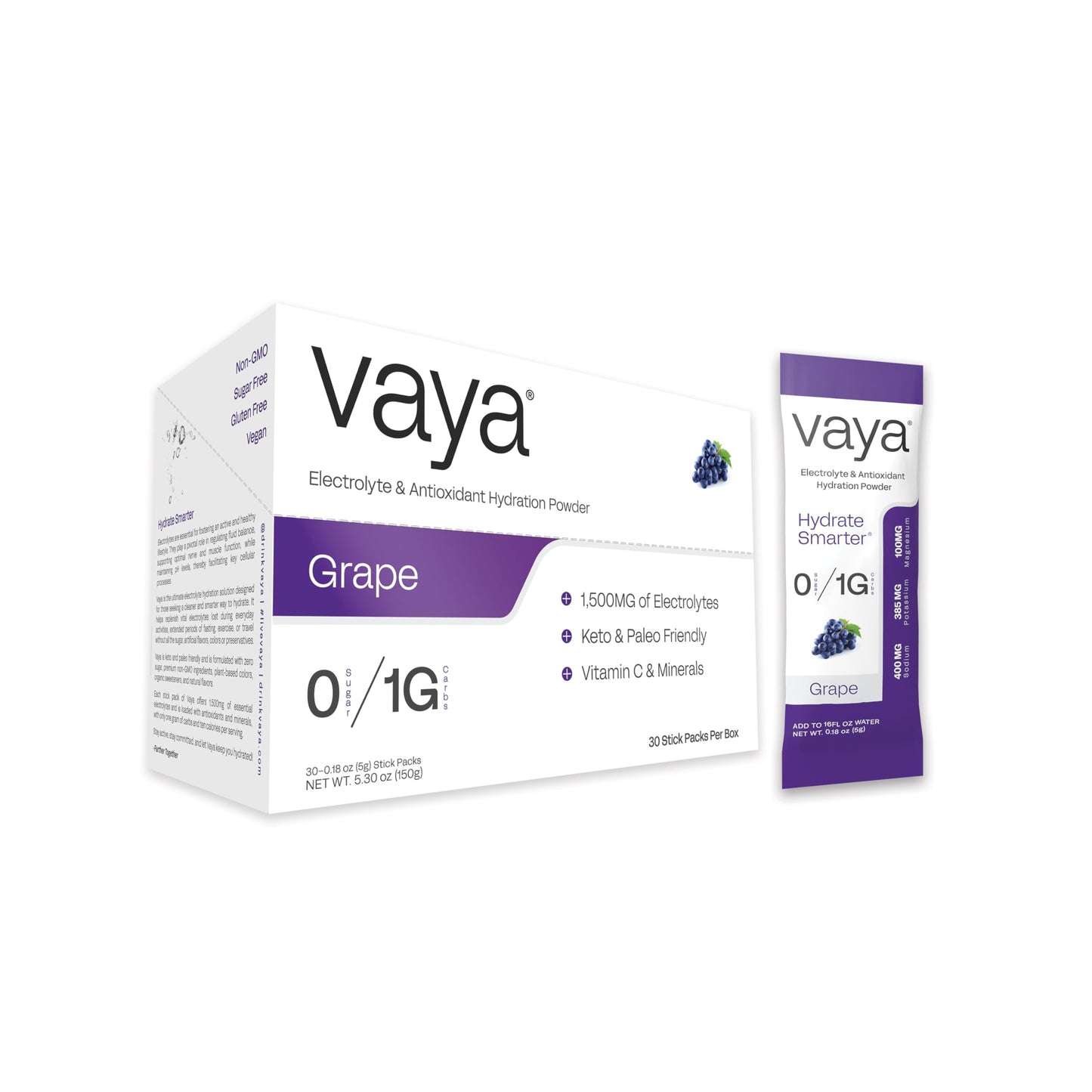 Vaya Sugar Free Premium Hydration Electrolyte Powder | Grape | 30 Stick Packs | 1G Carbs, 1,500MG Electrolytes, Vitamin C & Antioxidants | Non-GMO, Keto, and Paleo Friendly