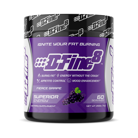D-Fine8 Thermogenic Pre-Workout Energy Powder & Shredding Supplement, Boost Energy Mood & Focus, Sugar Free, Contains Senactiv, Endurance, 300mg Caffeine, N-Acetyl-L-Tyrosine (Fierce Grape)